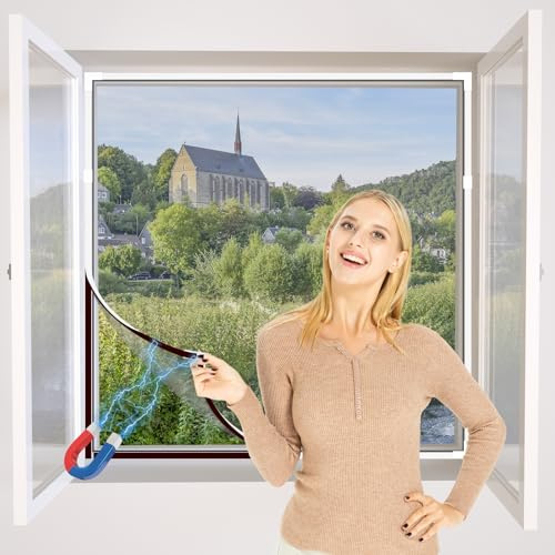 NeatiEase DIY Insektenschutz Magnetfenster,Max 100 x 130 CM,Magnet Rahmen für Fliegengitter Fenster Mückengitter,Fliegenschutz Insektenschutzgewebe Zuschneidbar(weiß Rahmen graue Netz)