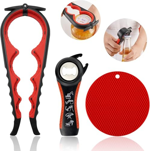 Flaschenöffner für Senioren, Ringzugdosenöffner zum Öffnen, Gummi-Glasöffner für Schwache Hände 5-in-1 Glas-Flaschenöffner, Design für Schwache Hände, Senioren, Arthritisr (Rot)
