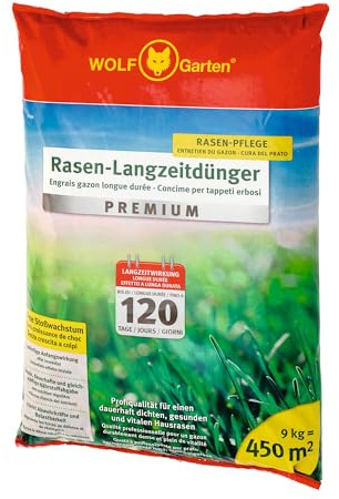 WOLF-GARTEN Rasen-Langzeitdünger „Premium“ LE 450 (mit Langzeitwirkung für 120 Tage, ohne Stoßwachstum, stärkt die Abwehrkräfte & Belastbarkeit des Rasens, ausreichend für 450 m2) 3830046