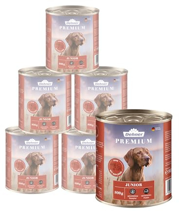 Dehner Premium Hundefutter Junior | Nassfutter für Welpen und junge Hunde | Hundenassfutter in Premiumqualität | hoher Fleischanteil | getreidefei | mit Rind, Geflügel und Kartoffel | 6 x 800 g