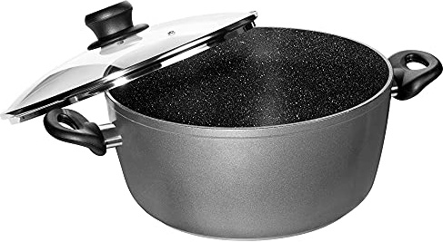 STONELINE XXL Aluguss Kochtopf 28 cm, Großer Topf mit Deckel 7 L, Antihaft beschichtet mit echten Steinpartikeln, Kochtopf Induktion 28 cm, für alle Herdarten, Backofen, Kochen ohne Fett oder Öl, Grau
