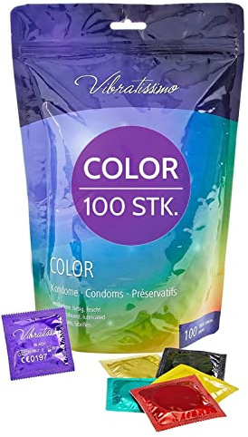 VIBRATISSIMO Kondome 100er Pack | Gefühlsecht & Extra Feucht | Bunte Verhütung Für Männer | Packung in Rot, Schwarz, Grün, Gelb, Gold