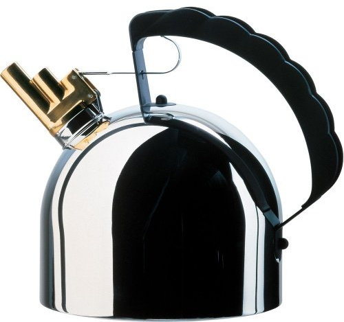 Alessi 9091 FM - Wasserkessel mit Melodiepfeife, Stahl und Messing, Schwarz | Wasserkessel mit Melodiepfeife, entworfen von Richard Sapper, für Wasser, Tee und Aufgüsse, auch für Induktion