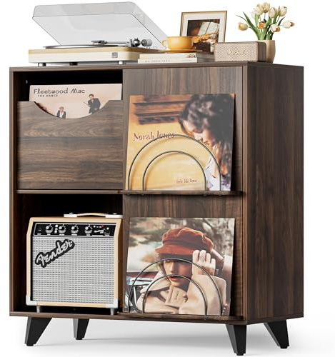 Bikoney Schallplatten Aufbewahrung mit Vinyl Display und 2 Schubladen – Holz Schallplattenständer Tisch und TV Schrank für Alle Plattenspieler und Lautsprecher, Plattenspieler Regal für Wohnzimmer