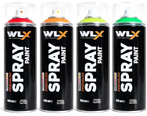 WLX Neon-Sprayfarben-Set – 4 Farben à 400 ml. Hochsichtbare, schnelltrocknende Fluoreszenzfarben für Holz, Metall, Stein und Glas
