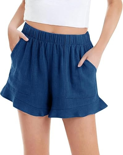 Haloumoning Mädchen Shorts Sommer Casual Sweatshorts Kinder Niedlich Rüschen Strand Einfarbige Shorts, Blau, 10-12 Jahre