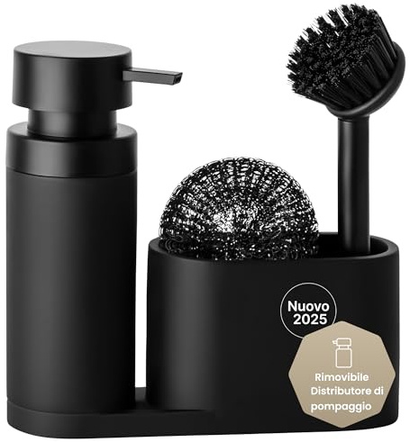 blackswedenhome. Design Spülbecken Organizer mit entnehmbaren Spülmittelspender Spülbürste und Schwamm - Küchenorganizer - Spüle Organizer aus Kunststein Sink Spül Set Seifenspender schwarz matt