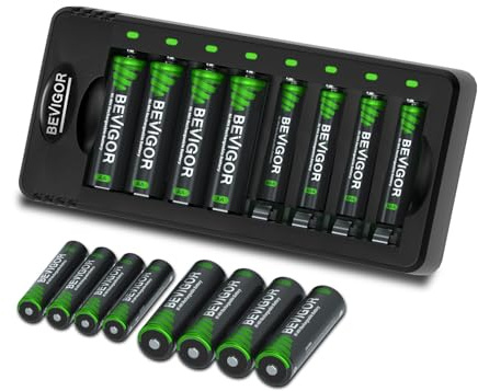 Bevigor 8 x AA und 8 x AAA NiMH-Akkus, Ladegerät, Schnellladegerät, Akku, Ladegerät-Set