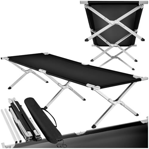 tectake® XL Alu Feldbett klappbar mit Transporttasche, Campingbett, Campingliege faltbar leicht, Camping Bett belastbar bis 150 kg, Zeltbett, Camping Bed, Feldbett, 190 x 70 x 45 cm - schwarz