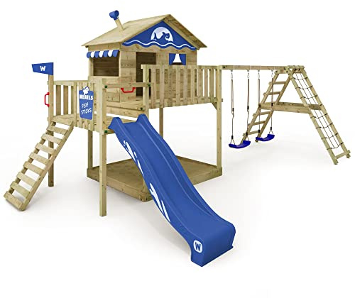 Wickey Spielturm Smart Ocean mit Kletteranbau, blau – aus Holz, für Kinder im Garten