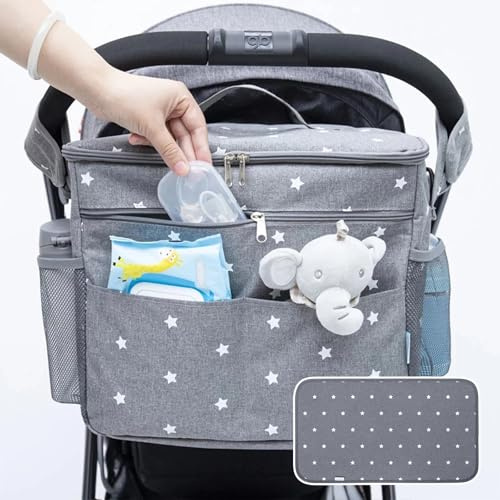 Orzbow Kinderwagen Organizer Groß,22 L Großer Wickeltasche Organizer mit Getränkehaltern, Schulterriemen,2 Haken und Tragbare Wickelunterlage für Unterwegs Handtasche & Schultertaschen (Grau)