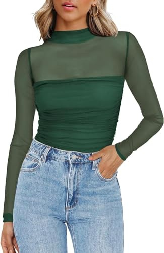 Transparentes Oberteil Damen Netzoberteil Rundhal Langarm Mesh Shirt