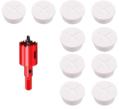 DuDuZui 10 Stück Schreibtisch Kabeldurchführung, 25mm Weiß-Kabeltülle für Schreibtisch, Kabellochabdeckungen, mit 1 Lochsäge