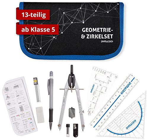 DynaTech Zirkel Set Geometrieset 13-Teilig mit Zirkel, Geodreieck, Parabel, Bleistift, Lineal, Spitzer und Ersatzminen im Etui mit Reißverschluss blau - praktisches Mathematik-Set inkl. Federmappe