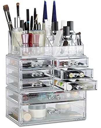 Relaxdays Make Up Organizer mit Schubladen, stapelbarer Schmuckkasten f, Acryl Schminkaufbewahrung, transparent, 2 x 72 x 36.5 cm