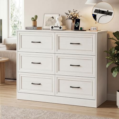 BonVache Kommode mit Steckdosen, Komode mit 6 schubladen, 2 USB & 2 AC-Anschlüssen, Komodenschrank Holz, für Schlafzimmer, Wohnzimmer, Flur, 106 x 81.5 x 39 cm, Weiß