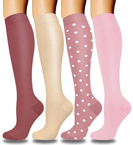 ACTINPUT Kompressionsstrümpfe Damen und Herren 4 Paar, Bunte Stützstrümpfe Kompressionssocken für Sport, Flug, Laufen, Reisen, Radsport, krankenschweste,Geschenk(4101 - Rosa,L-XL)