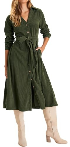 R.Vivimos Herbst Winter Damen Langarm Button Down Midikleid V Ausschnitt Krawatte Taille Cordkleider Lange Hemdkleid Mit Taschen