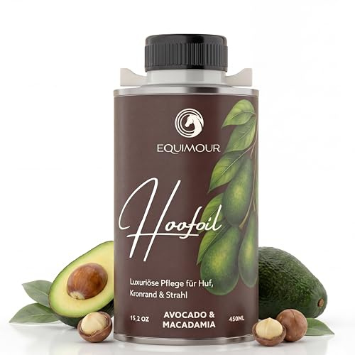 Equimour Huföl mit Pinsel für Pferde – Avocado & Macadamia – Hufpflege mit Vitamin E – für Huf, Kronrand & Strahl – natürlicher Glanz & gepflegte Optik – 450 ml