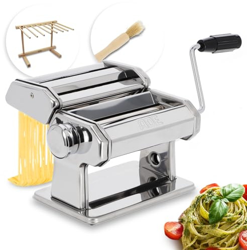 ADE Hochwertige manuelle Nudelmaschine | 7 Teigstärken für Lasagne Spaghetti Fettucine | mit Extras: Nudeltrockner und Reinigungspinsel | Pastamaker Pastamaschine Nudelteigmaschine