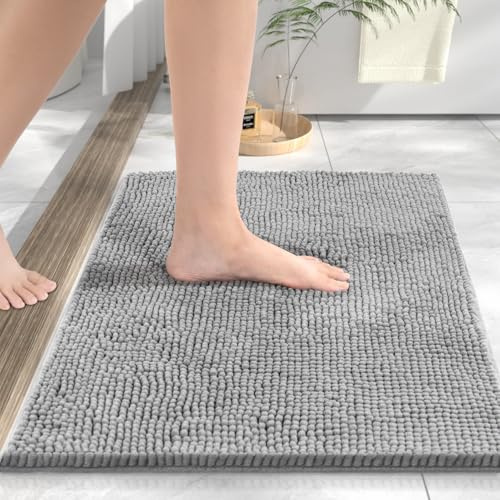 HITSLAM Chenille Badezimmerteppich, 40x60cm Badematte rutschfest, Super Saugfähige Badematten & Badteppiche, Badteppich Waschbar, Badezimmermatte für Dusche und Badewanne, Hellgrau