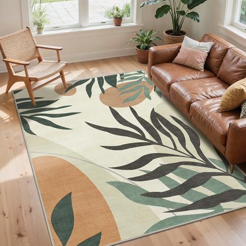 GENIMO Waschbarer Innen & Outdoor Teppich Blumenmuster, Wetterfest & Weich, Boho Stil Carpet, Für Terrasse, Balkon, Wohnzimmer & Schlafzimmer, Tropisches Blättergrün, 180cm×270cm