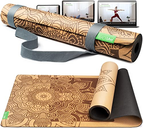 BACKLAXX® Yogamatte Kork mit Naturkautschuk | FAZ Testsieger 05/2026 | Yoga Matte Kork nachhaltig | schadstofffrei | Yogamatte Kautschuk | Fitnessmatte mit Anti-Rutsch-Zonen | inkl. Tragegurt