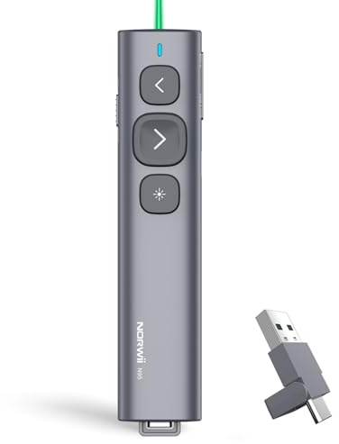 Norwii N95 Presentation Clicker mit USB-C USB-A Empfänger, PowerPoint Clicker für Präsentationsfernbedienung, wiederaufladbarer drahtloser Presenter Pointer, Slide Clicker(Grün, USB-AC)