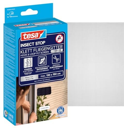 tesa Insect Stop Klett Fliegengitter Premium für Fenster, Insektenschutz mit starkem Klettband, rückstandsfrei entfernbar, zuschneidbar, ohne Bohren - 130 cm x 150 cm - Anthrazit (Durchsichtig)