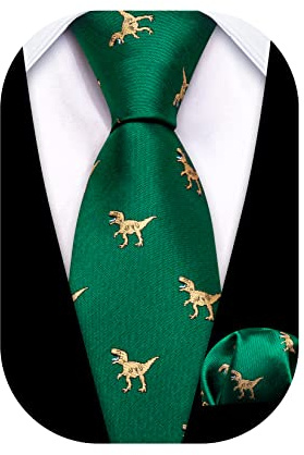 Barry.Wang Jungen Krawatte Jungen Seide Krawatte Einstecktuch Set Paisley Plaid Für Abschlussball Party Busines Zeremonie, green dinosaur, One size