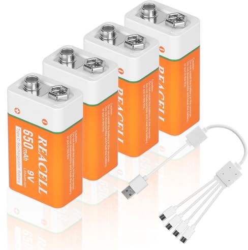 REACELL 9V Wiederaufladbare Akku Lithium mit USB-C Ladekabel (4 Stück) | 9 volt Blockbatterie, mit 4 in 1 USB-C Ladekabel, Ideal für Rauchmelder, Mikrofone, Multimeter, Spielzeug,Wiederverwendung