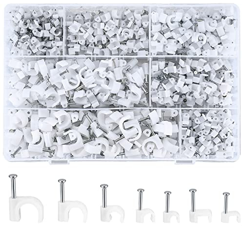 woshilaoDS 700 Stk Kabelschellen Nagelschellen, Kabelklemmen mit Nagel, Runde/Quadrat Kabelclips Weiß, Kabelhalter Kabelschellen Befestigungen Wand für Netzwerkkabel, 4mm/5mm/6mm/8mm/10mm