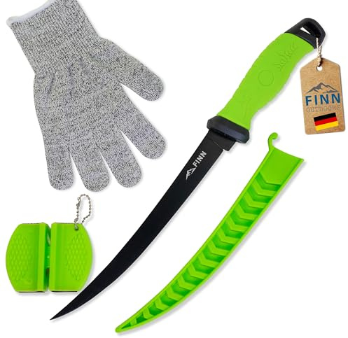 FINN Outdoors® Filetiermesser-Set – Edelstahl Fischmesser mit Messerschärfer & Schnittschutzhandschuhen – Ideal für Angler und Fischliebhaber