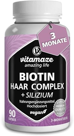 Vitamaze Biotin Komplex mit Silizium, Zink, Selen, 1 Kapsel pro Tag, 90 vegane Kapseln für 3 Monate, Vitamine für Haare, Haut & Nägel, Nahrungsergänzung ohne Zusatzstoffe, Made in Germany