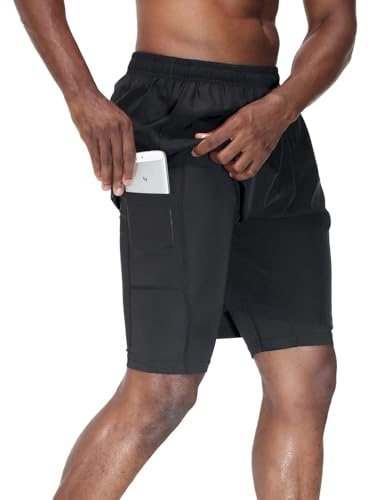 HMIYA Herren 2 in 1 Shorts Fitness Sporthose Kurz Jogginghose Schnelltrocknende Laufhose mit Kompressionsshorts und Taschen Reißverschlussfach