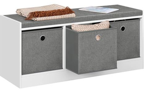 WOLTU Sitzbank mit Stauraum, Schuhbank mit Sitzfläche | Mit 3 Stoffschubladen, für Flur Schlafzimmer Wohnzimmer, Weiß Grau