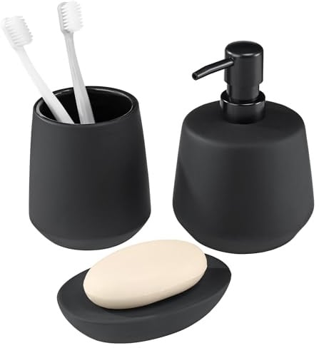 Navaris - Hochwertiges Keramik Badaccessoires Set - Schwarz - 3-teilig - Zahnputzbecher, Seifenablage, Spender - Badezimmer Zubehör