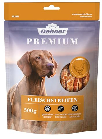 Dehner Premium Hundesnack, Leckerli getreidefrei / fettarm, Kausnack für ausgewachsene Hunde, Hühnerbrustfilet in Streifen, 500 g