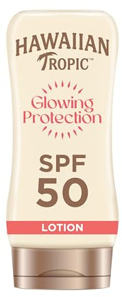Hawaiian Tropic Glowing Protection Sunscreen Lotion, wasserfeste Sonnencreme mit LSF 50 UVA- + UVB-Schutz, tropischer Duft, mit Sheabutter, 180 ml