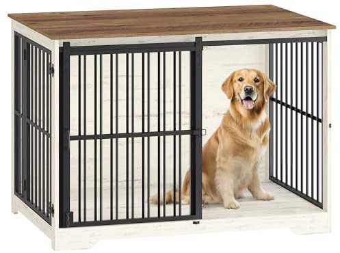 Hzuaneri Hundekäfig Möbel, 110 cm Hundebox, 2 Türen, Moderne Hundekäfig Indoor für Kleine/Mittlere/Große Hunde, Beistelltisch, Verstärkte Schiebetür, 110 × 65 × 81 cm, Weiß Braun DFC84414B