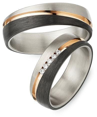 123traumringe Eheringe in Carbon & Titan I Partnerringe mit 5 Zirkonia & Etui I Gravierbare Eheringe mit Ringgröße 50-72 mm I Hochwertige Verlobungsringe in 6 mm Breite & 2 mm Stärke I S 57