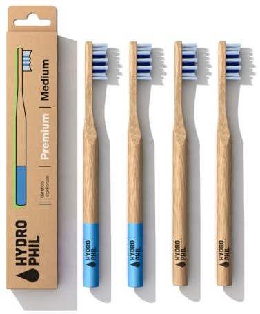 HYDROPHIL - Premium - Bambuszahnbürste Erwachsene - Nachwachsende Holzzahnbürste - 4er Pack (Medium, 4 Stück)