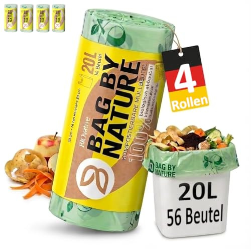 BIOvative Biomüllbeutel 20L mit Henkel: 56 kompostierbare Biomülltüten für 15-20L Mülleimer, Biotonne & Küchenabfälle | DINplus & EN13432 | reißfeste Biomüllsäcke aus Maisstärke | Made in Germany