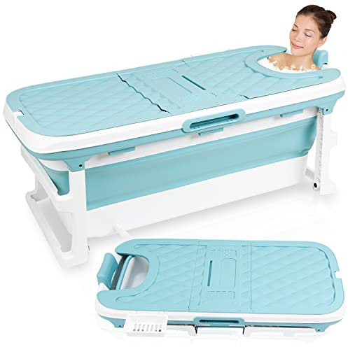 Ansobea 149x60x50cm XXL Faltbare Badewanne Erwachsene, Erwachsener foldable bathtub mit Abdeckung Klappbadewanne klappbare mobile Badewanne mit Korb für Badezimmer, Dusche und Balkon, Blau