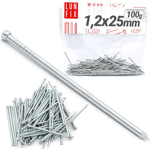 LUN FIX Drahtstifte 1,2x25 mm (1.0") Stauchkopfnägel, ca. 235 Stk 100g Stahl verzinkt silber, Stahlnägel Stahlstifte kleine Nägel für Holz, Sockelleisten Nägel, Möbelbau, Bilderrahmen