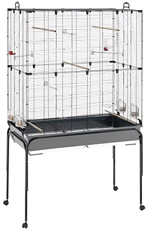 Ferplast Vogelkäfig Vogelvoliere Wellensittich Käfig Exotenkäfig, inkl. Stand mit Rädern, Vogel-Futternapf, Vogel-Sitzstangen, Schwarz, 100 x 53 x h172 cm