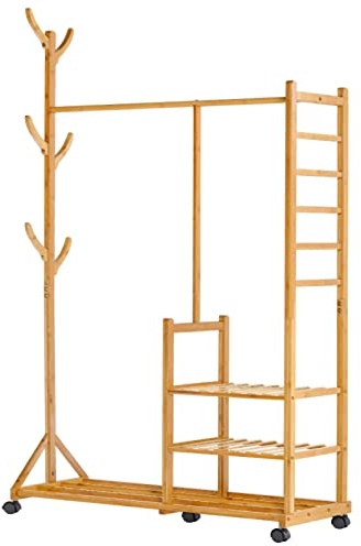 Yorbay Garderobenständer Bambus Kleiderständer mit Rollen, mit Kleiderstange, 3 Ablagen und 6 Haken, Baumform, 100 x 38 x 176 cm (Natur)