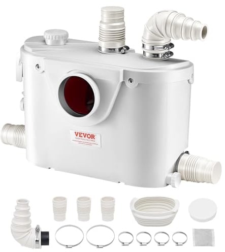 VEVOR Hebeanlage, 500 W, 110 L/min Durchfluss, 8 m Förderhöhe, Schmutzwasserpumpe mit 4 Wassereinlässen, Abwasserhebeanlage für Toilette, Keller, Dusche, Waschbecken, Waschküche, Badewanne