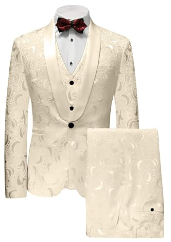Wemaliyzd Herren 3-teiliger Hochzeitsanzug, schmale Passform, Jacquard-Blazer, Weste, Hose, 3-teilig: Champagner, 50