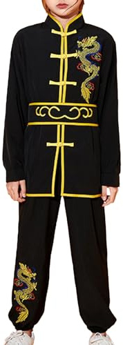 iiniim Kinder Kung Fu Uniform Jungen Mädchen Tai Chi Anzug Drache Stickerei Langarm Tops mit Hose Traditionelle Chinesische Kampfkunst Anzug Schwarz 110-116